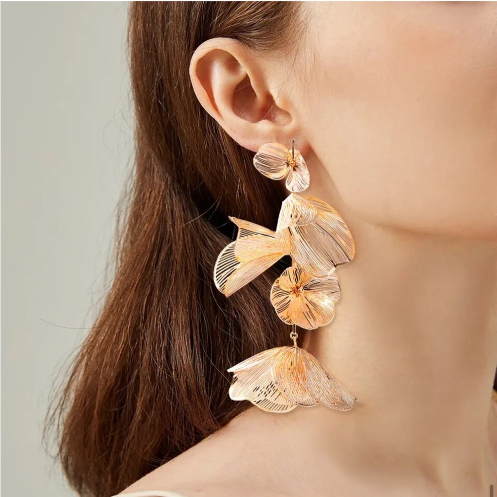 ZARA Gold Earring Long Tassel Flower Drop Dangle Jewelry